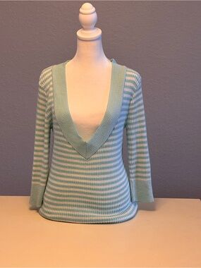 American Attitudes Y2K Aqua & White Striped Plunge V-Neck Ribbed Knit Sweater M